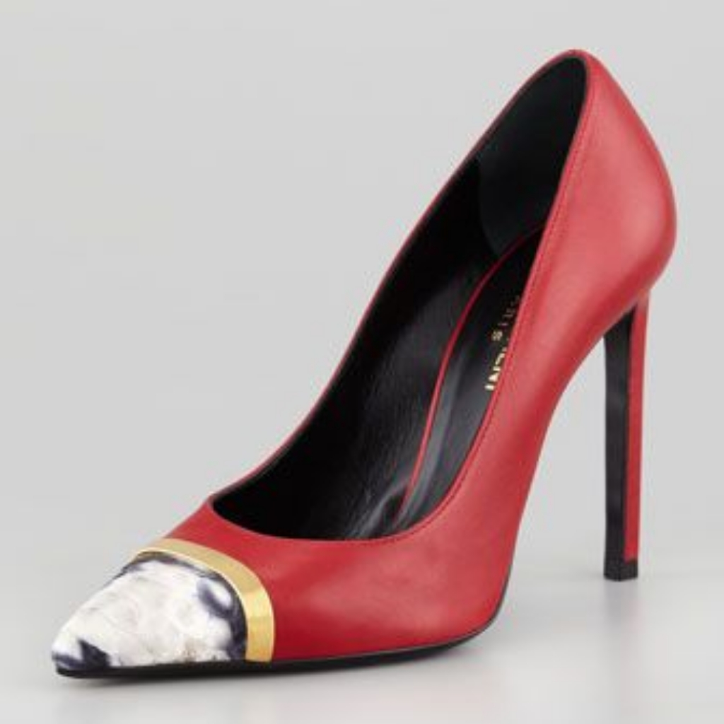 Saint Laurent Pointed-Toe Python-Cap Pump, Red